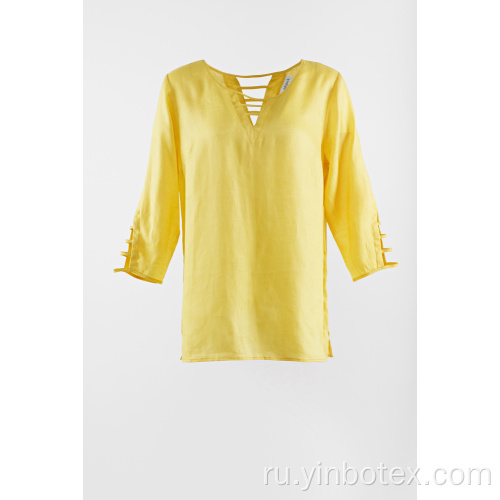 Льняная сплошная блуза желтого цвета